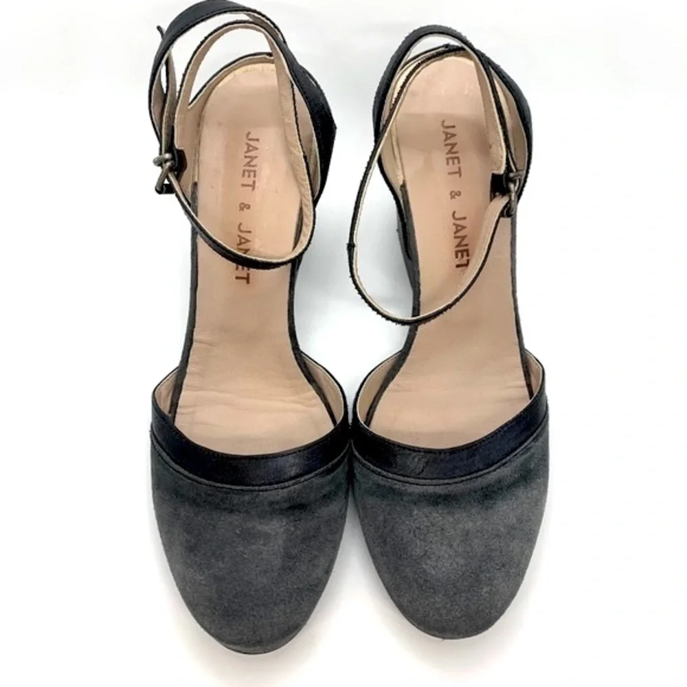 Janet & Janet Round Toe Single Strap Heel Gray Black 39EU Career Academia Office